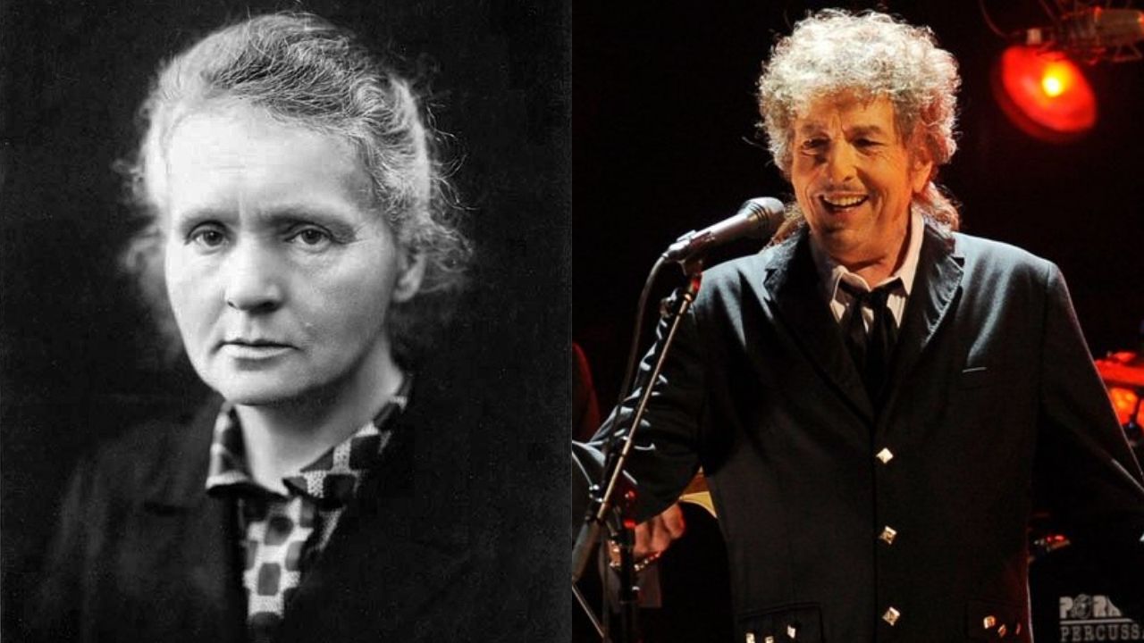 Montagem de Marie Curie (Wikimedia Commons/Henri Manuel ) e Bob Dylan (Chris Pizzello/AP)