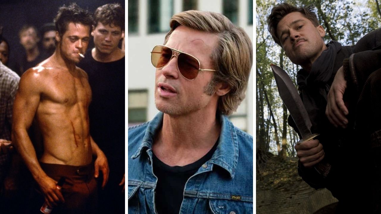 Brad Pitt em Clube da Luta, Era Uma Vez em... Hollywood e Bastardos Inglórios (Foto 1: Reprodução / Fox; Foto 2: Divulgação / Sony e Foto 3: Divulgação / Universal)