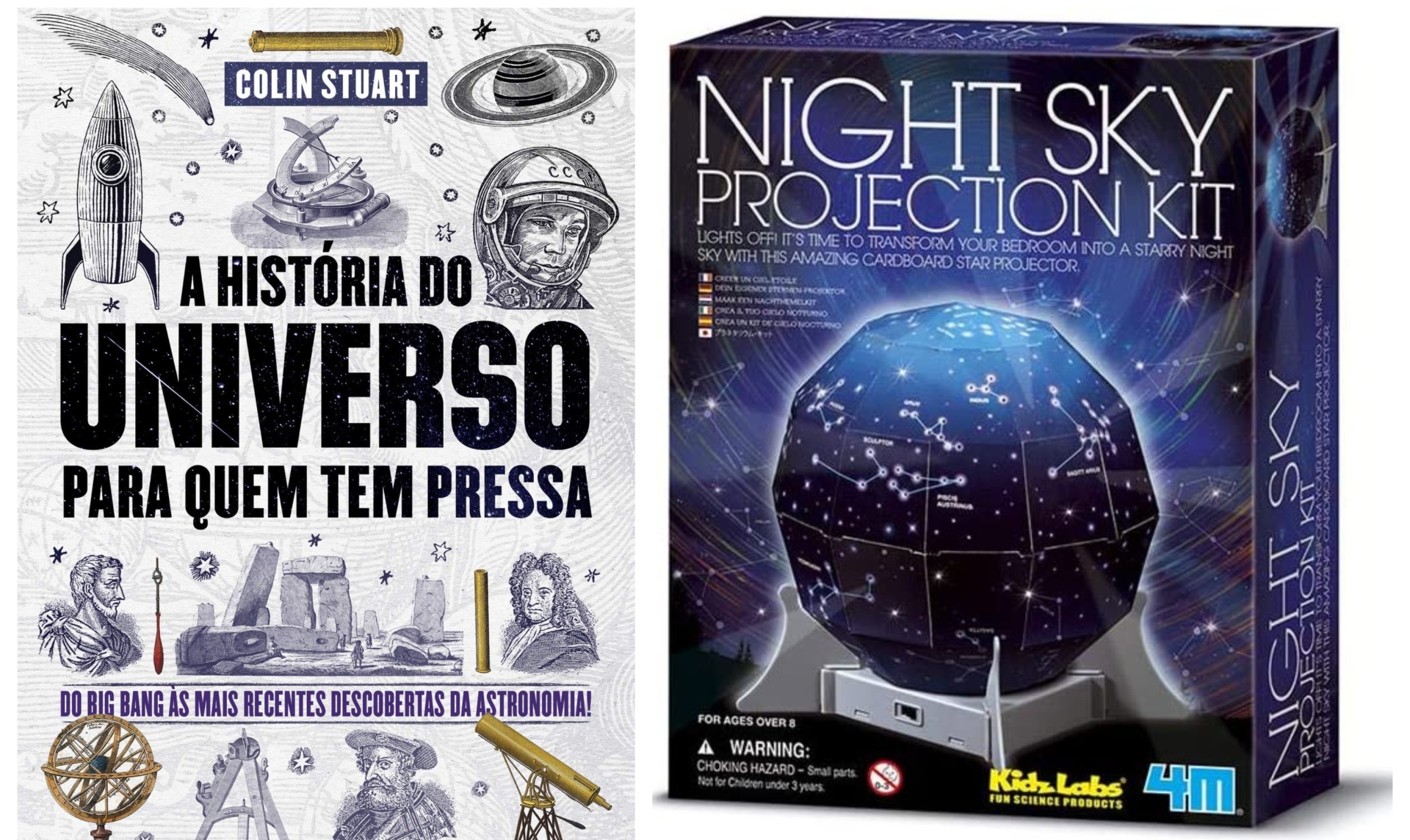 Telescópio, livros, camiseta e muitos outros itens para quem ama astronomia