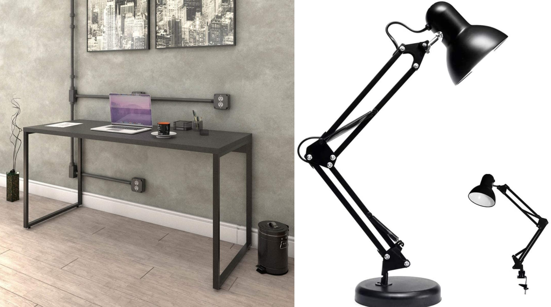 Escrivaninha, notebook, luminária e muitos outros itens para o home office