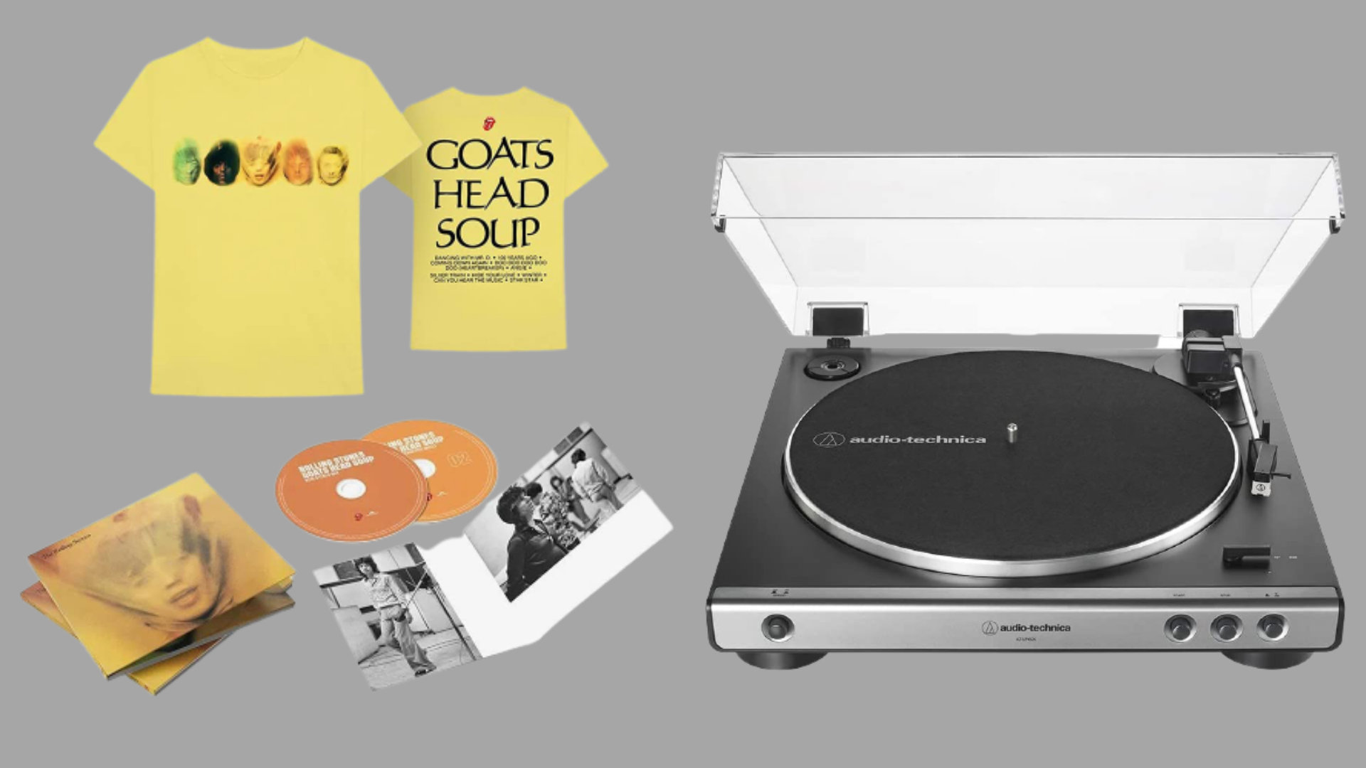 Caixa de som, toca-discos, discos de vinil e outros itens para presentear o pai apaixonado por música