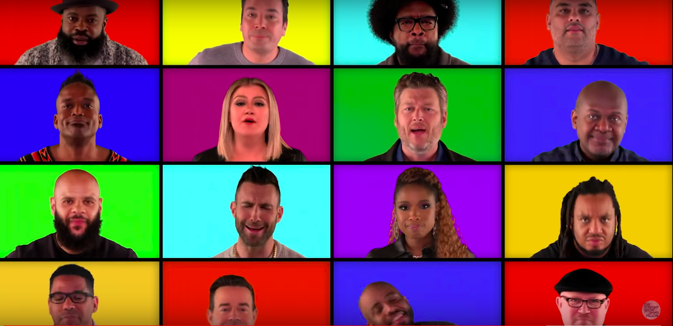 Adam Levine, Kelly Clarkson, Blake Shelton e Jennifer Hudson se apresentaram com Jimmy Fallon e The Roots (Foto: Reprodução)