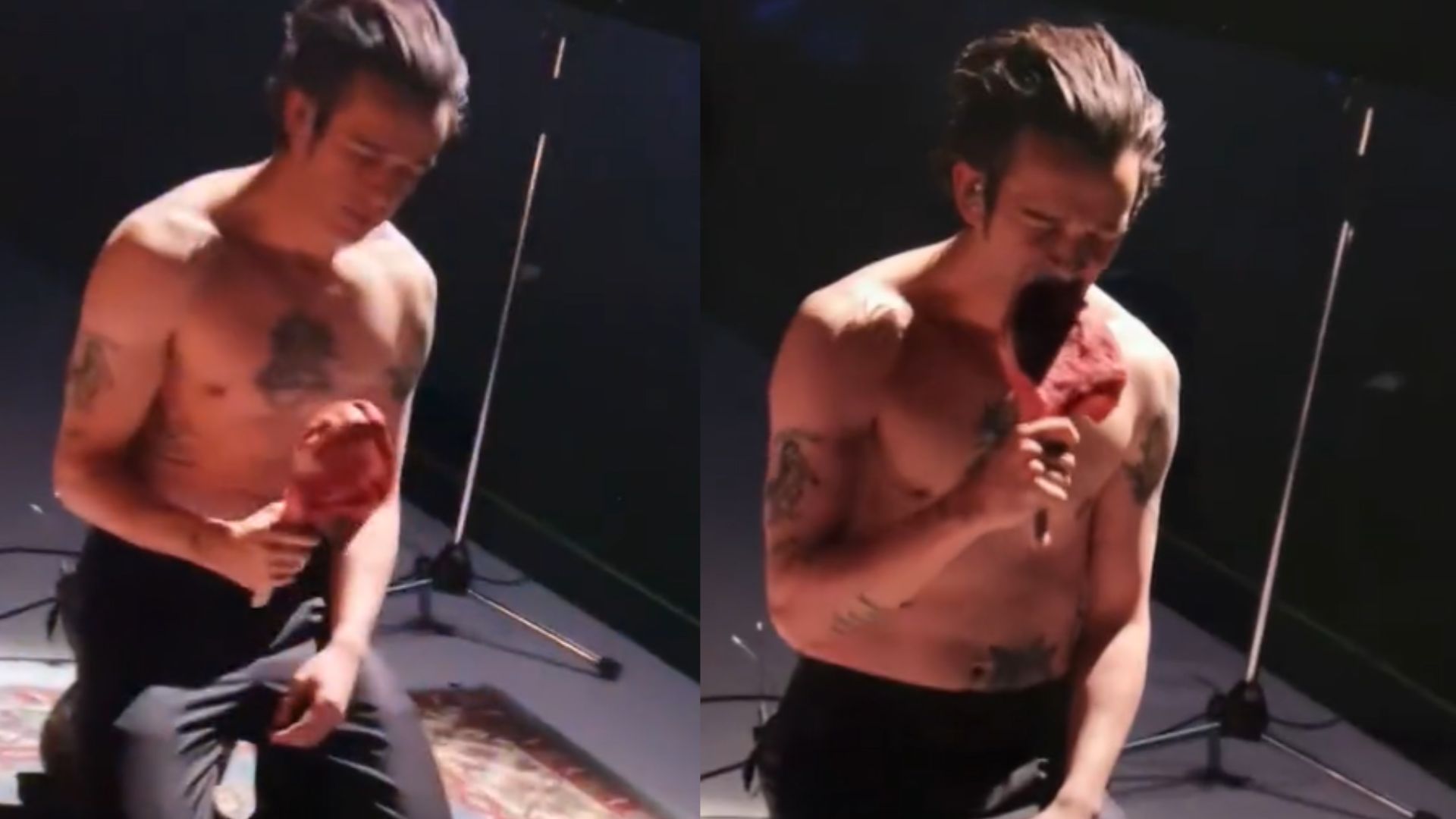 Vocalista do 1975 come carne crua ao vivo