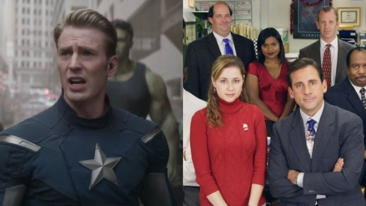 Chris Evans em Vingadores: Ultimato (Foto: Reprodução/Marvel) / Elenco de The Office (Foto: Divulgação/NBC)