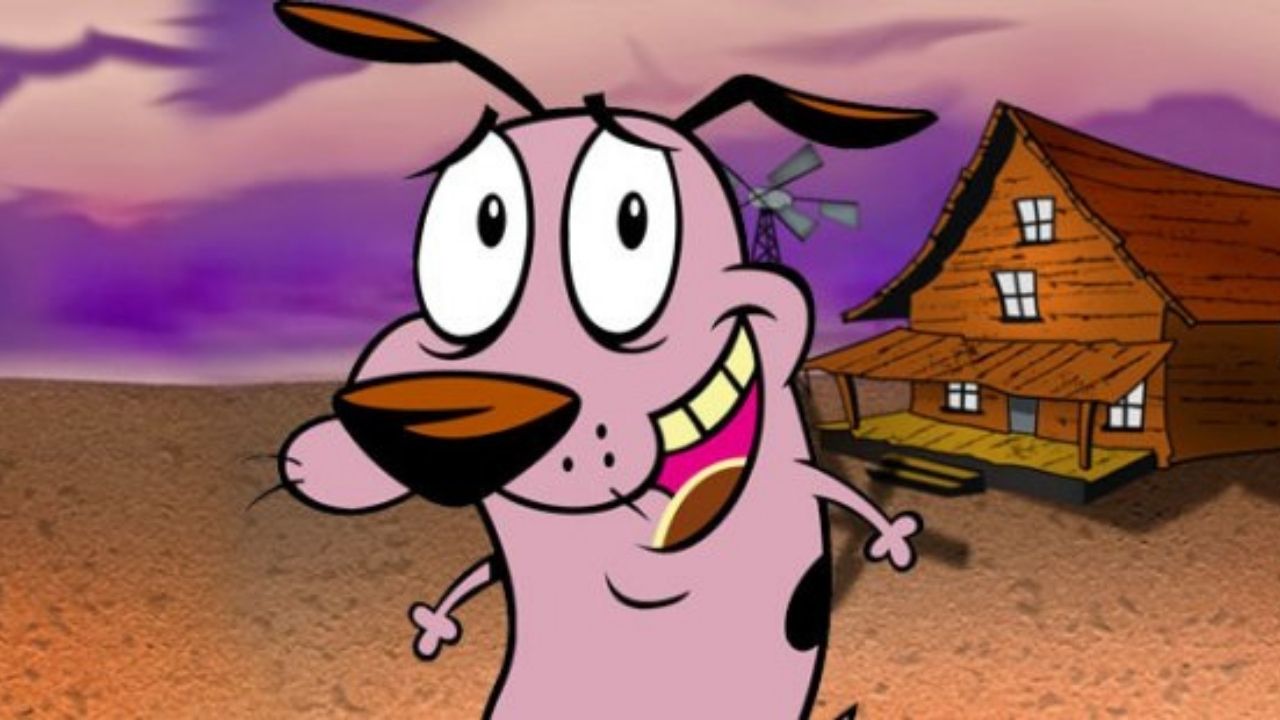 coragem o cão covarde olhando para frente na frente da sua casa