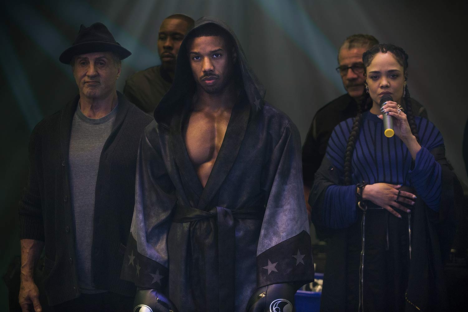 Sylvester Stallone, Michael B. Jordan e Tessa Thompson em cena de Creed II (Foto: Warner/Divulgação)