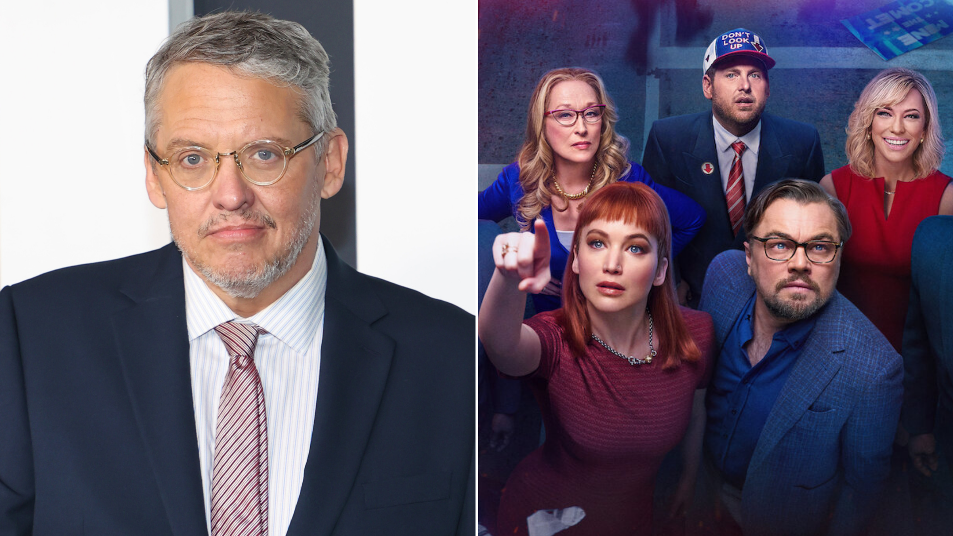 Adam Mckay (Foto: Mike Coppola / Getty Images) │ Elenco de Don’t Look Up (Foto: Divulgação / Netflix)