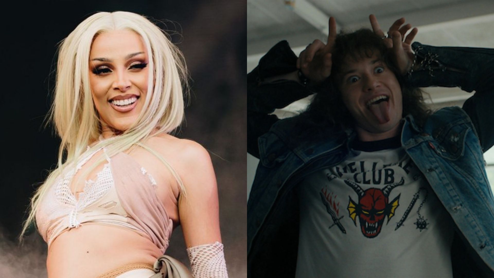 Doja Cat (foto: Rich Fury/Getty Images) e Joseph Quinn em Stranger Things (Foto: Reprodução / Netflix)