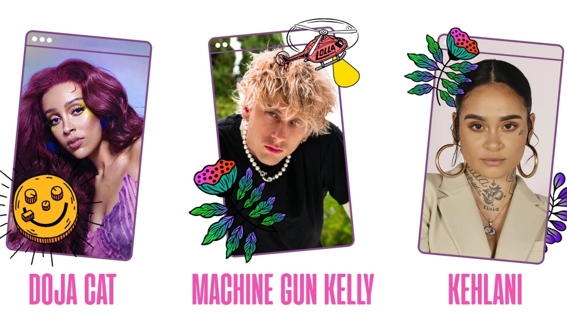 Doja Cat, Machine Gun Kelly e Kehlani (Foto: Divulgação / Lollapalooza)