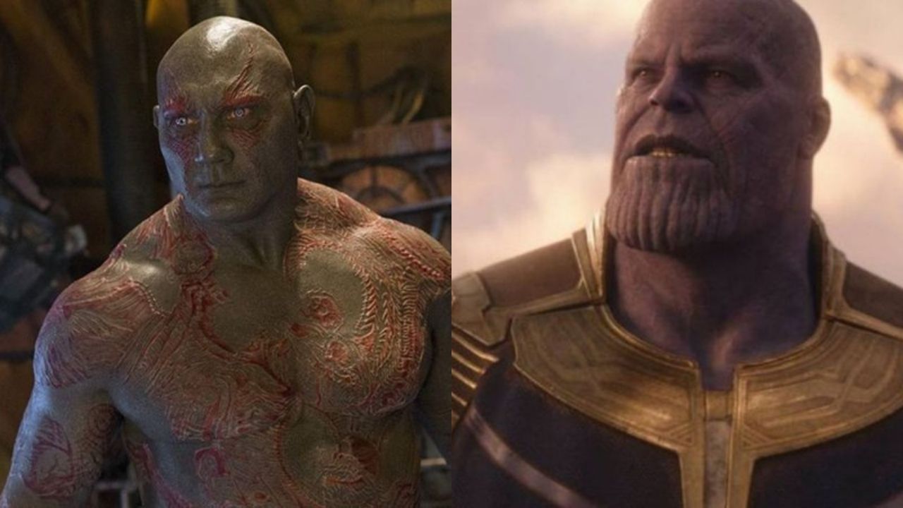 Drax em Guardiões da Galáxia e Thanos em Guerra Infinita (Foto: Divulgação / Marvel)