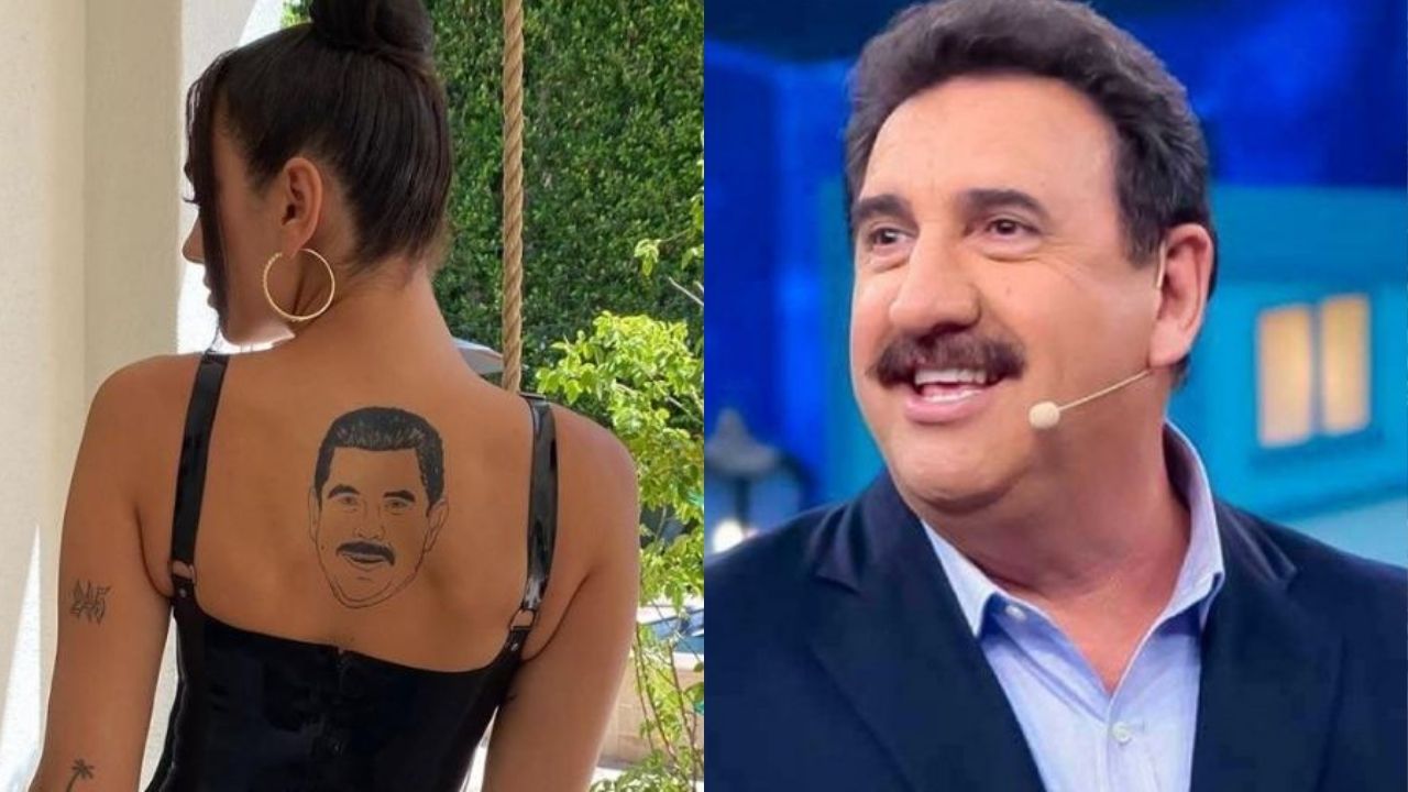 Montagem de Dua Lipa com desenho de Guillermo Rodriguez e Ratinho (Foto 1: Reprodução/Instagram e Foto 2: Divulgação/SBT)