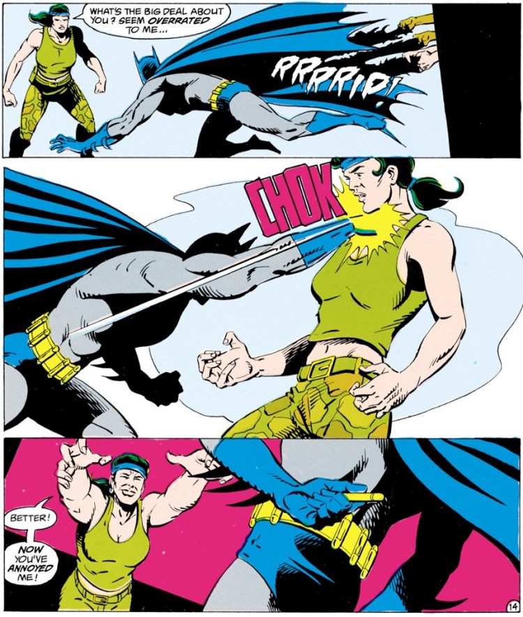 Duquesa, com traje verde, luta contra Batman em reprodução dos quadrinhos.