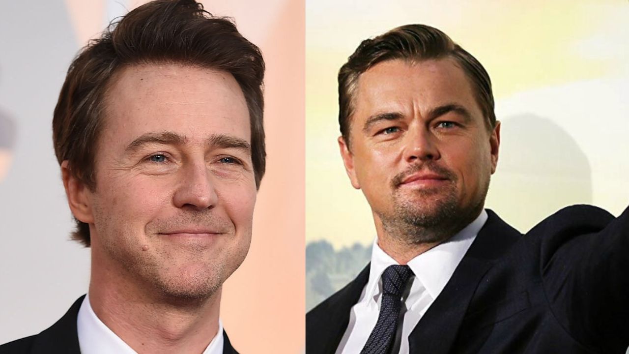 Edward Norton e Leonardo DiCaprio (Foto 1: Jordan Strauss/Invision/Ap/ Foto 2: Divulgação Era uma Vez em Hollywood)