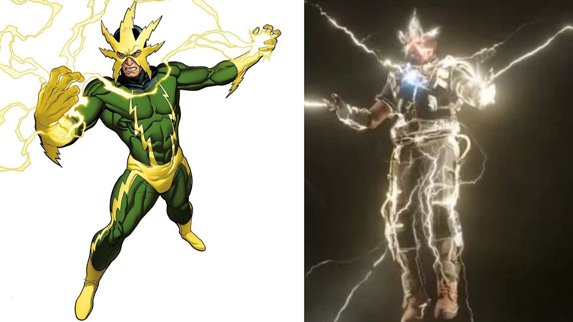 Montagem com duas fotos. À esquerda, ilustração do personagem Electro, retirada de uma HQ da Marvel. Ele usa macacão verde, com faixas amarelas, e uma máscara amarela imitando raios. À direita, foto de Jamie Foxx caracterizado como Electro no trailer de Sem Volta Para Casa. Ele usa calça e camiseta pretas, há raios emanando dele.  