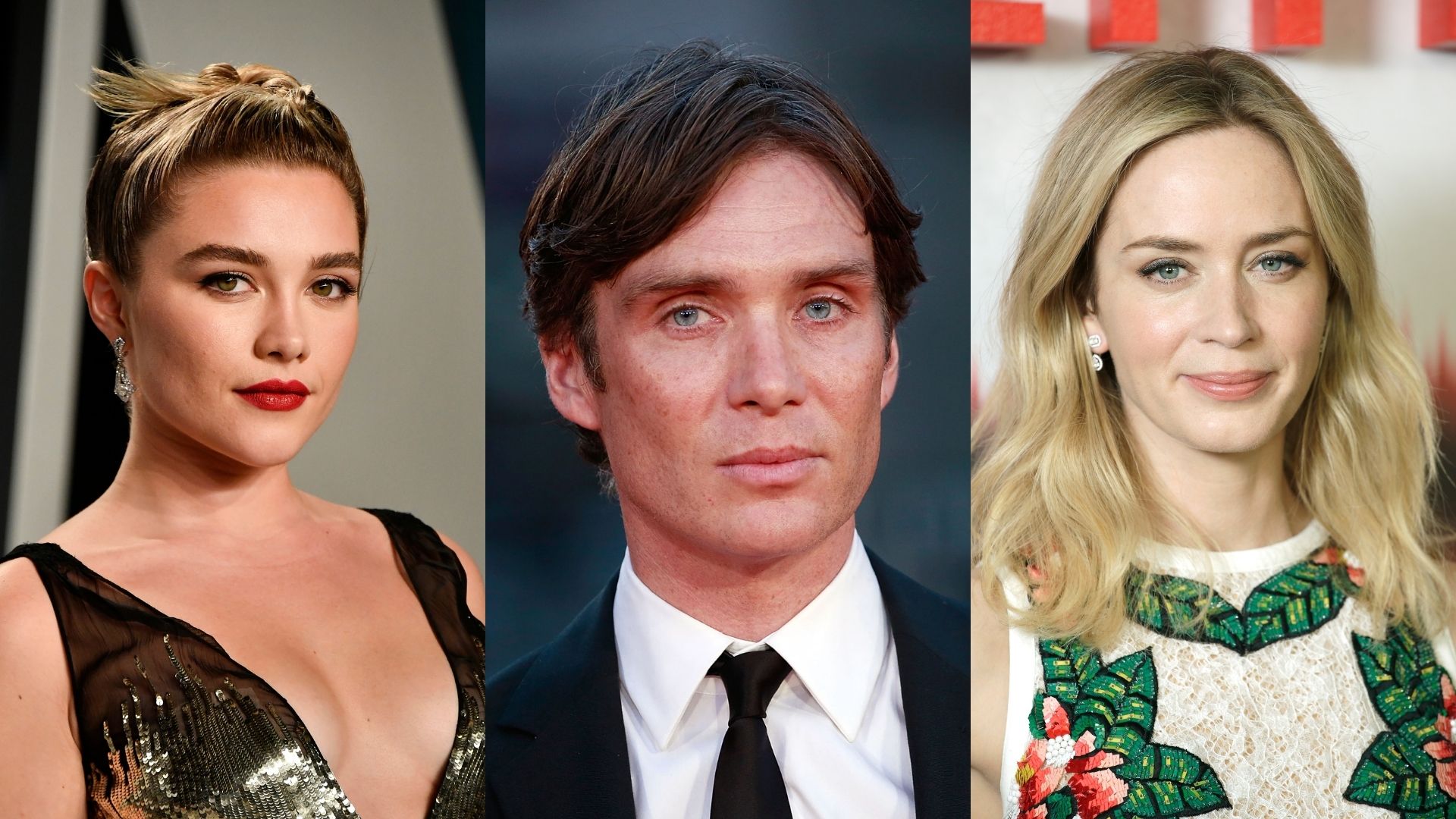 Atores do elenco de Oppenheimer: Florence Pugh (Foto: Frazer Harrison / Getty Images) / Cillian Murphy (Foto: John Phillips / Getty Images) / Emily Blunt (Foto: John Phillips / Getty Images)