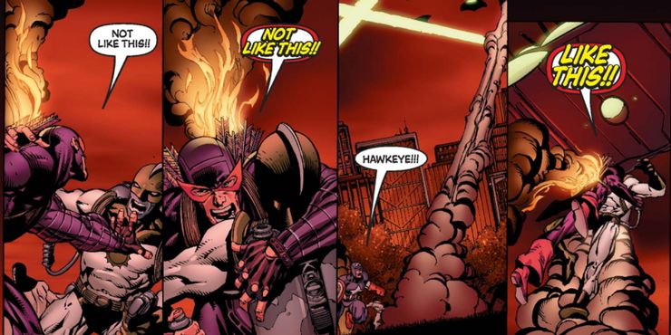 Reprodução dos quadrinhos. Fundo vermelho. Gavião Arqueiro luta com homem de roupa cinza. Capitão América observa. 