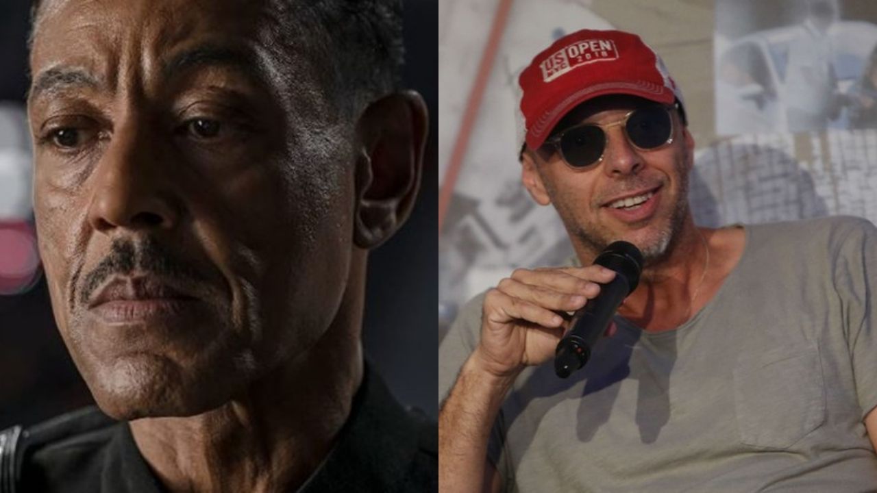 Giancarlo Esposito como Moff Gideon em The Mandalorian (Foto: Disney+ / Reprodução via IMDB) e José Padilha na coletiva de imprensa para a 2ª temporada de O Mecanismo (Foto:Bruna Prado)