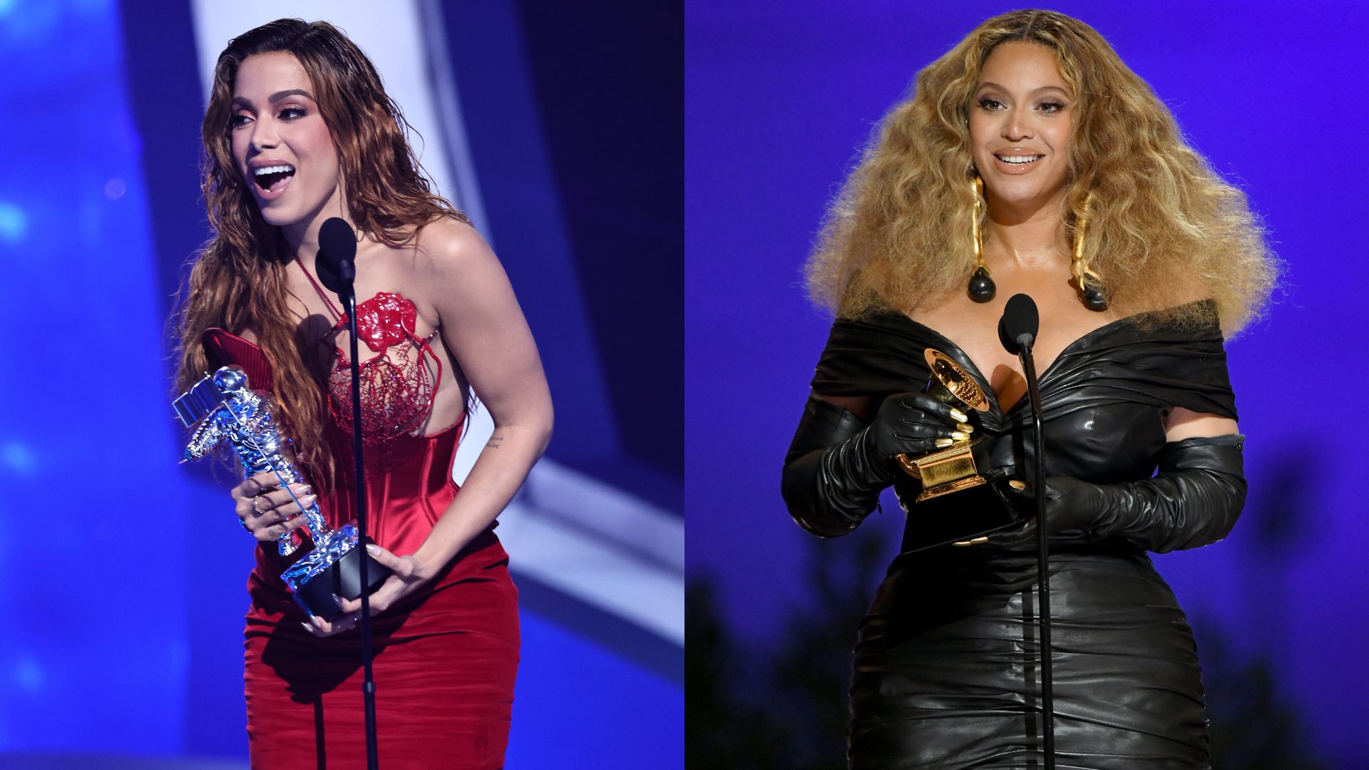 Anitta (Foto: Theo Wargo/Getty Images for MTV/Paramount Global) e Beyoncé no Grammy (Foto: Kevin Winter/Getty Images for The Recording Academy)