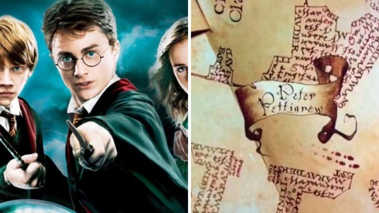 Cartaz de Harry Potter. (Warner/Divulgação) e Mapa do Maroto (Foto: Reprodução/Warner Bros.)