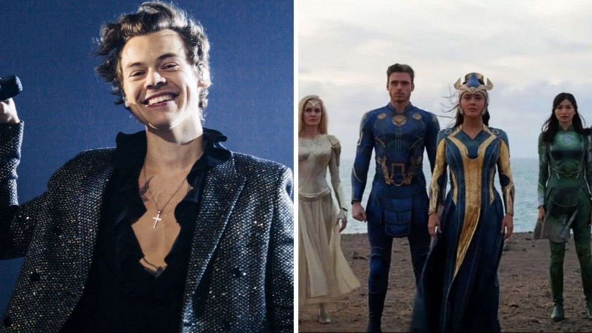Harry Styles (Foto: Helene Marie Pambrun / Getty Images) e imagem de Eternos (Foto: Reprodução/Marvel)