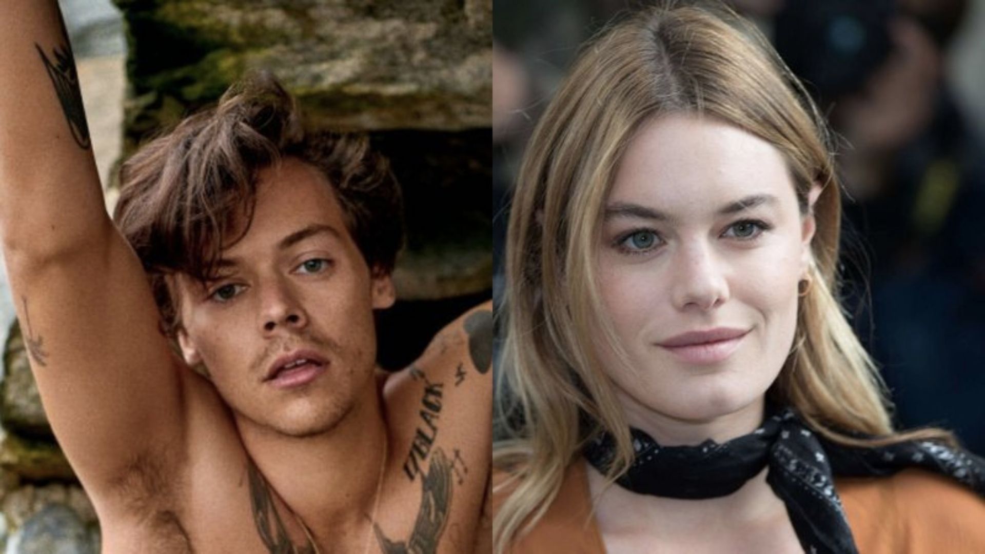 Harry Styles e Camille Rowe (Foto 1: Reprodução / Ryan McGinley para Rolling Stone EUA | Foto 2: YANN BOHAC/SIPA/AP Images)