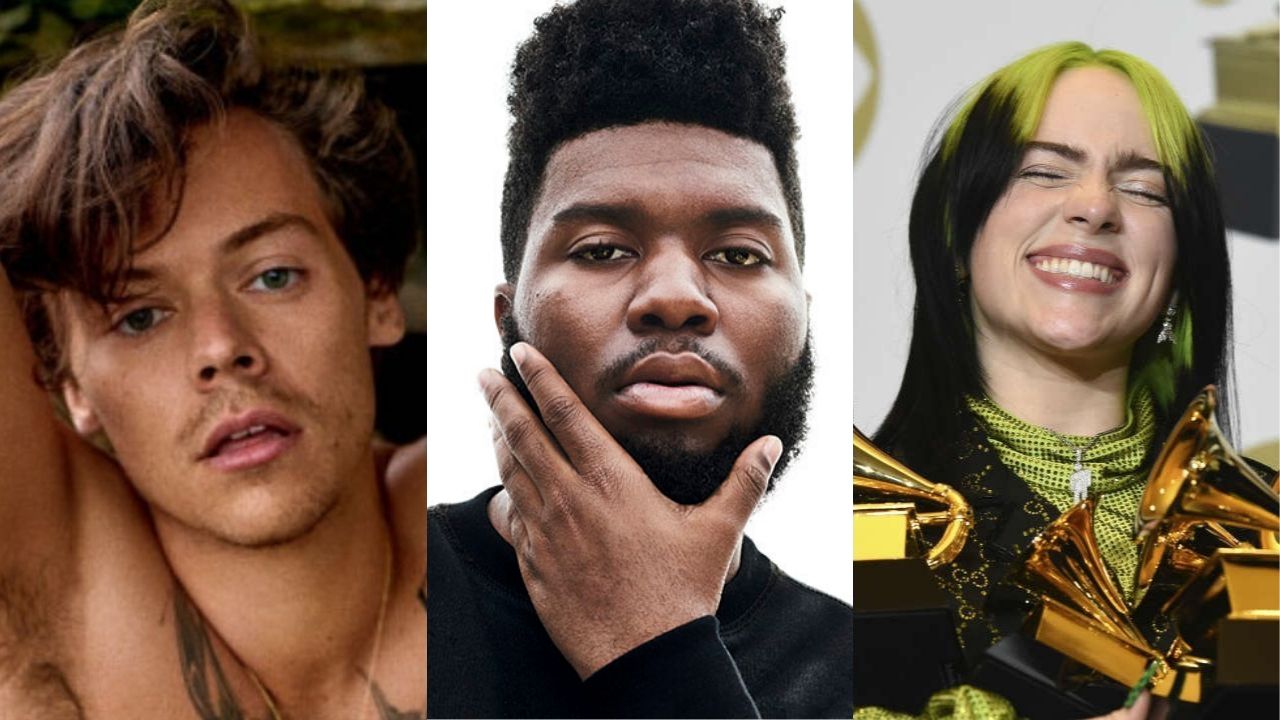 Hary Styles, Khalid e Billie Eilish (Foto 1: Reprodução / Ryan Mcginley para Rolling Stone EUA/ Foto 2: Peter Yang/ divulgação/ Foto 3: Chris Pizzello/ AP)