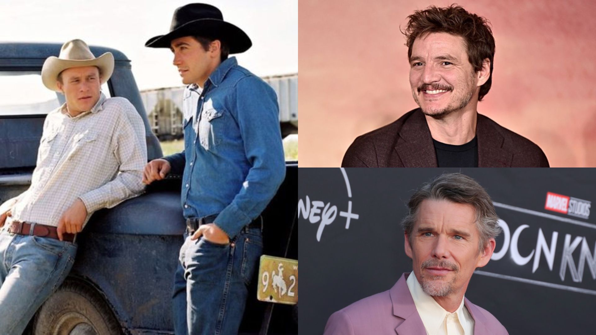Heath Ledger e Jake Gyllenhaal em Brokeback Mountain (Foto: Reprodução), Pedro Pascal (Foto: Alberto E. Rodriguez / Getty Images) e Ethan Hawke (Foto: Getty Images)