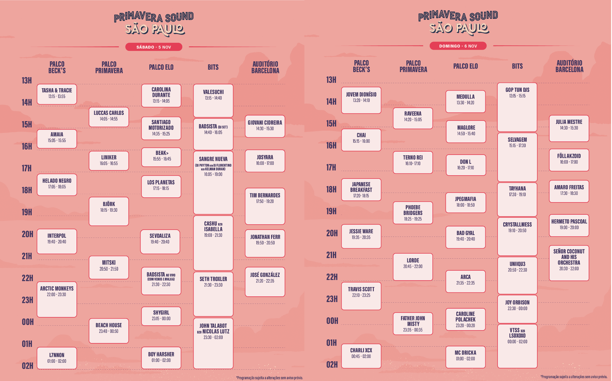 Tabela com fundo rosa e horários dos shows do Primavera Sound
