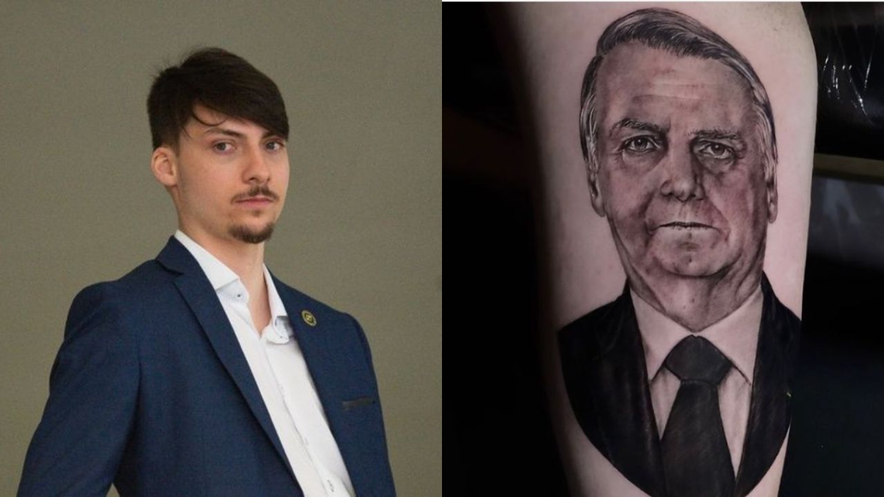 Montagem de Renan Bolsonaro, filho do presidente Jair Bolsonaro (Foto: Andressa Anholete/Getty Images) e a tatuagem do presidente (Foto: Reprodução/Instagram)