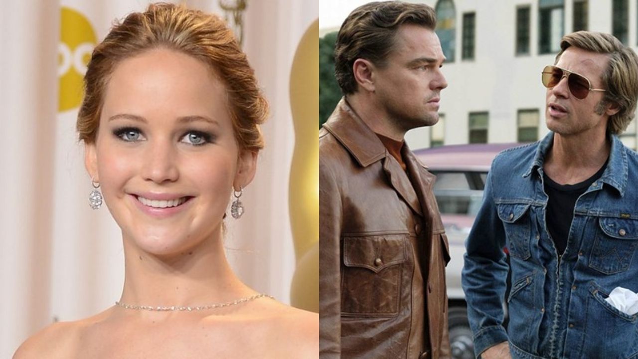 Jennifer Lawrence (Foto: Jason Merritt/Getty Images) e Leonardo DiCaprio e Brad Pitt em Era Uma Vez Em... Hollywood (Foto: Reprodução)