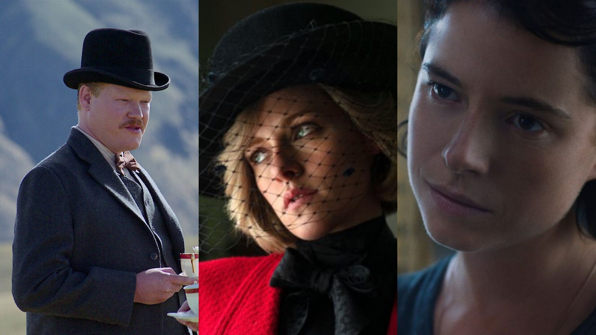 Jesse Plemons em Ataque dos Cães, Kristen Stewart em Spencer e Jessie Buckley em A Filha Perdida (Fotos: Divulgação)