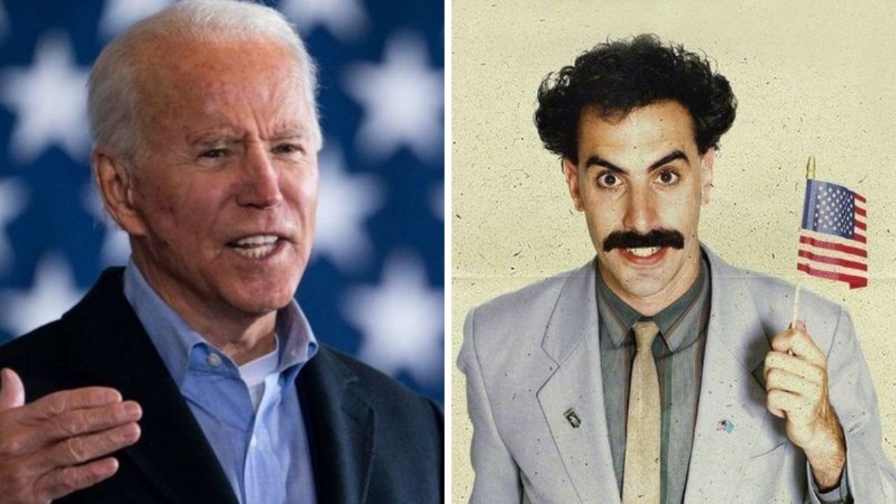 Joe Biden (Foto: Drew Angerer/Getty Images) e Borat: Fita de Cinema Seguinte (Foto: Reprodução/Amazon Prime Video)