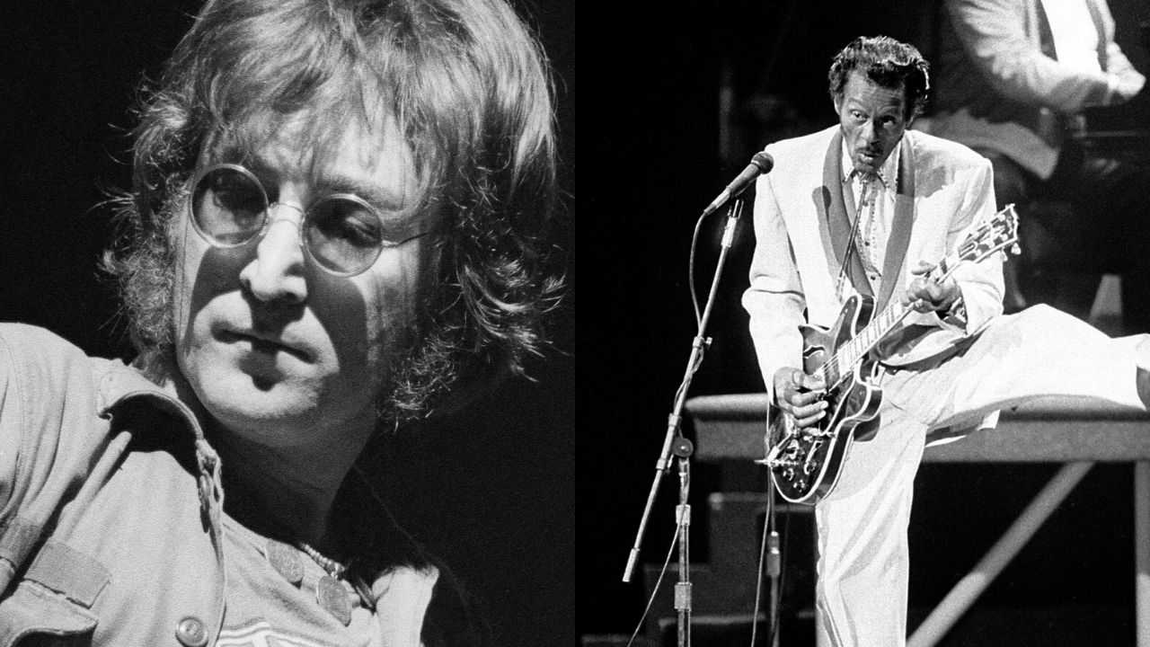 John Lennon em 1972 (Foto: AP Images) e Chuck Berry (Foto:AP Photo/James A. Finley, Arquivo)