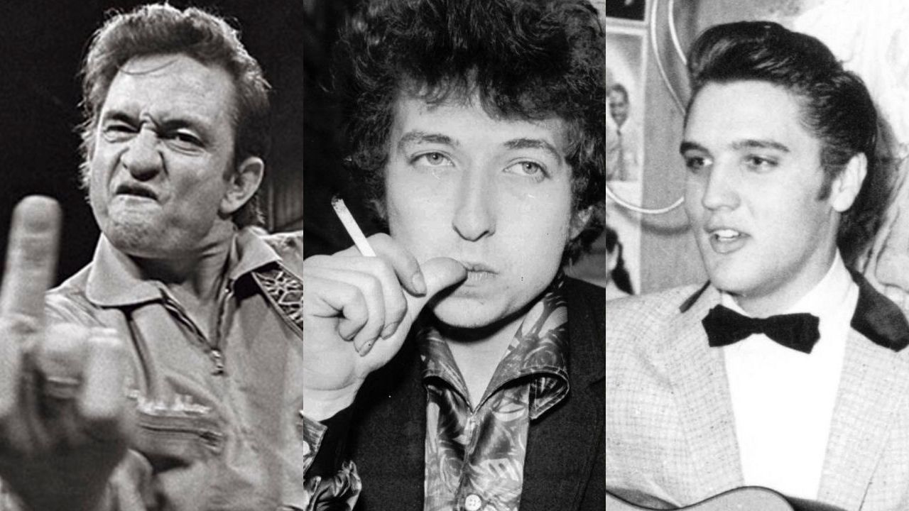 Johnny Cash, Bob Dylan e Elvis Presley (Foto 1: Cortesia de Jim Marshall e Reel Art Press | Foto 2: AP Images | Foto 3:  AP Photo/File)