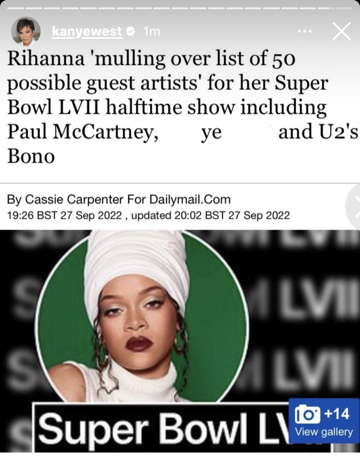 Kanye West indica show com Rihanna no Super Bowl