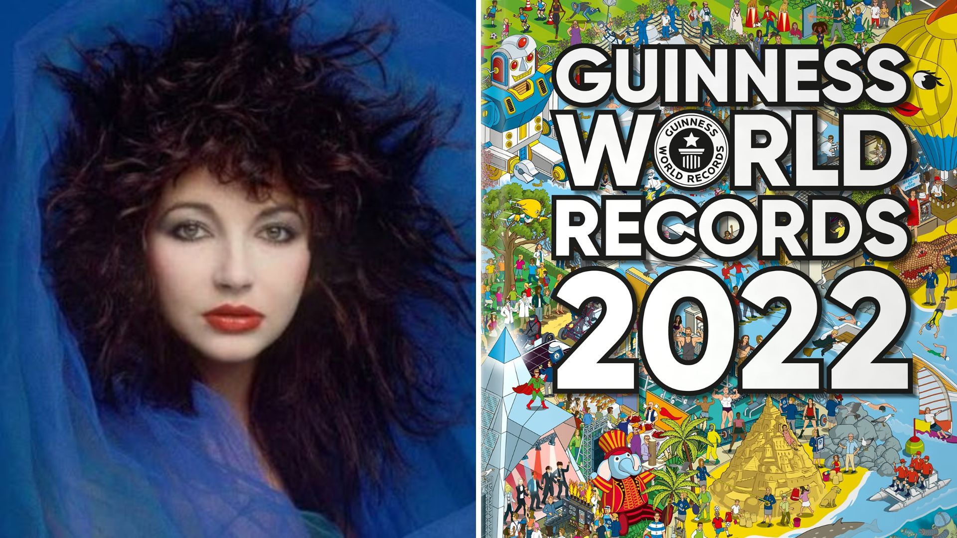 Kate Bush (Foto: Reprodução) e capa do Guinness World Records 2022 (Foto: Divulgação)