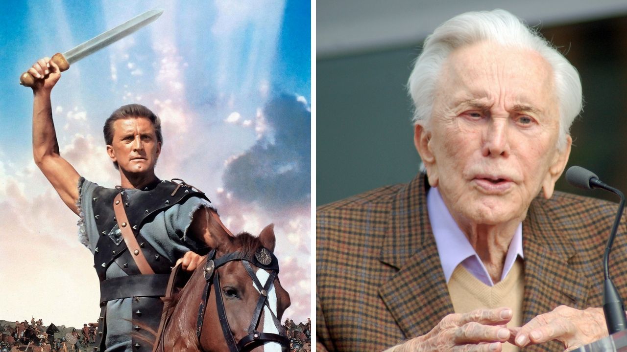 Kirk Douglas em Spartacus e em discurso em 2011 (Foto 1: Reprodução / Starz e Foto 2: Angela George / Wikicommons)