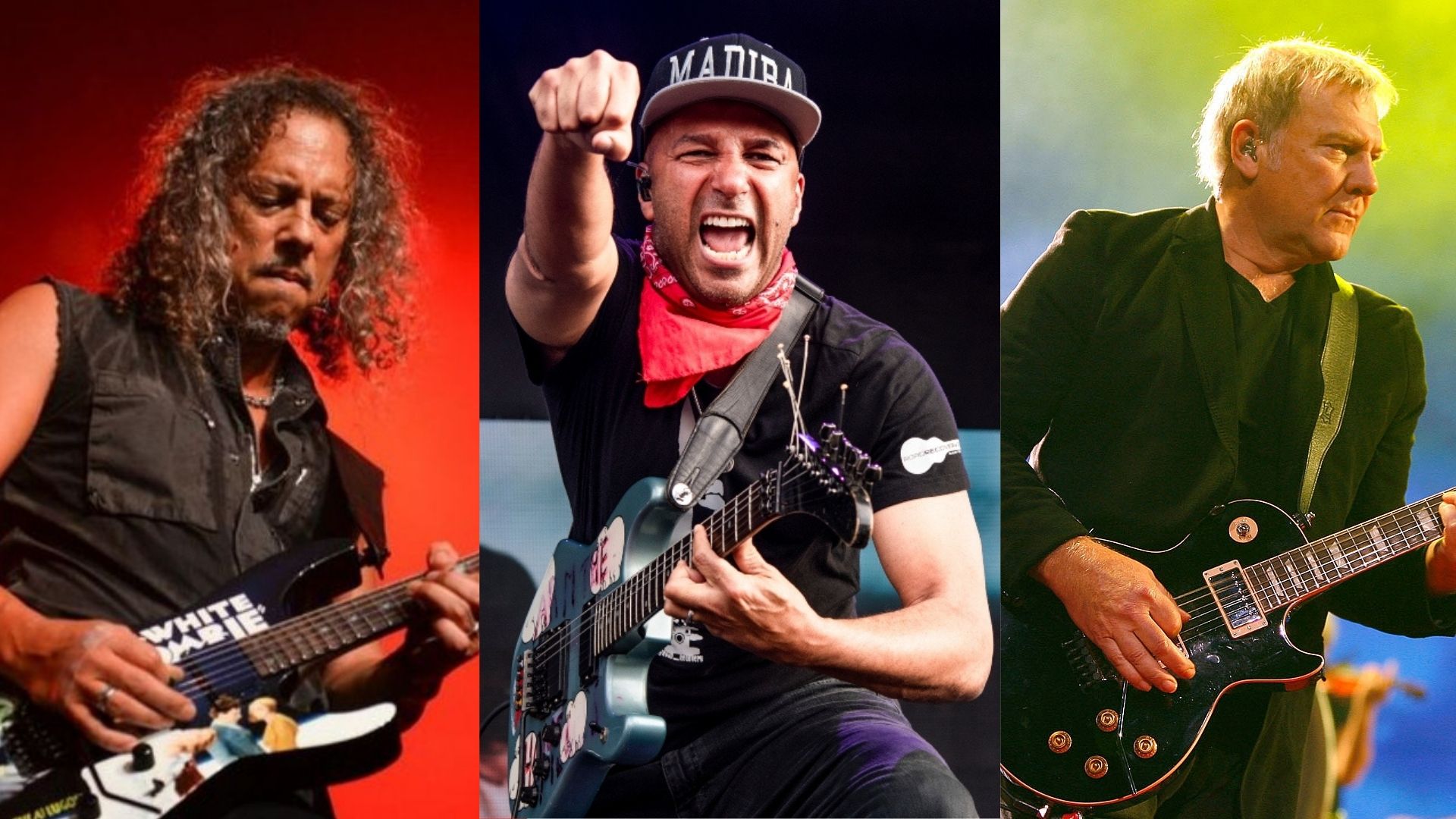Kirk Hammett (Foto: Getty Images / Michael Kovac / Correspondente) / Tom Morello durante o Sonic Temple Art and Music Festival em 2019 (Foto: Amy Harris / Invision / AP)/ Alex Lifeson (Foto: Getty Images)