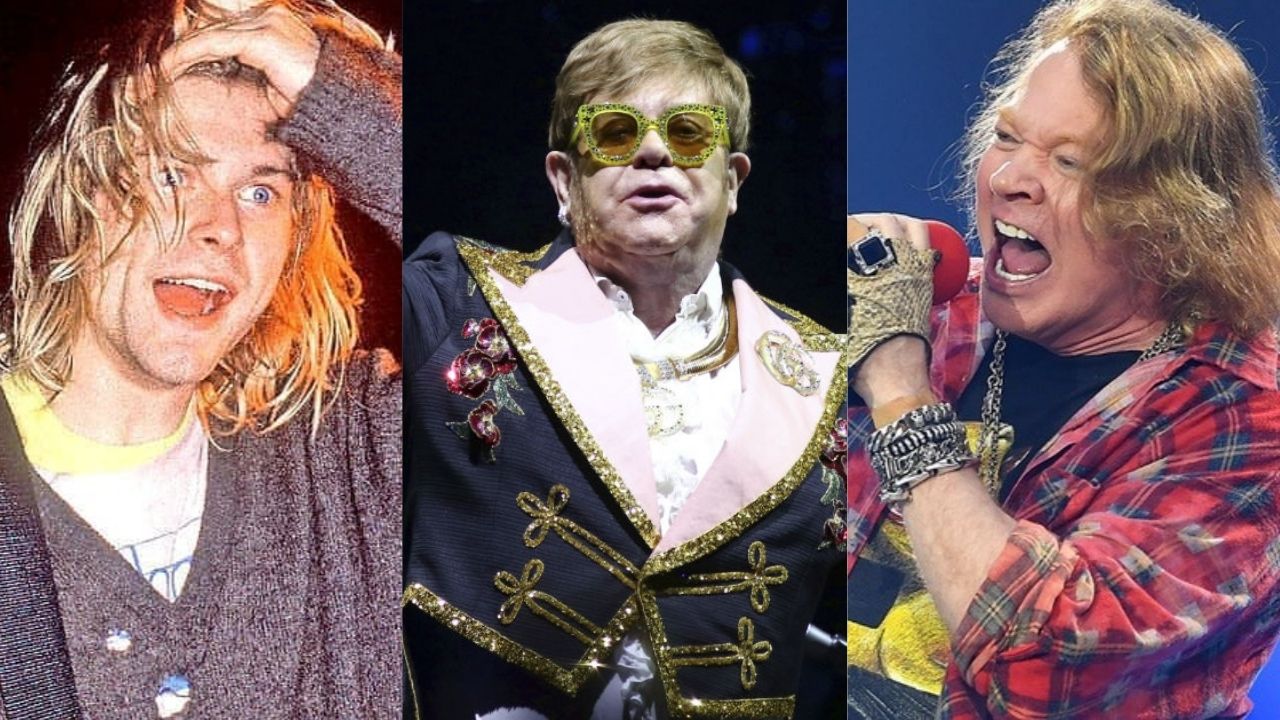 Kurt Cobain (Foto: Reprodução/Instagram)/ Elton John (Foto: Greg Allen/Invision/AP)/ Axl Rose (Foto: Mark Allan/AP)