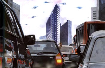 O caótico trânsito da cidade também foi representado