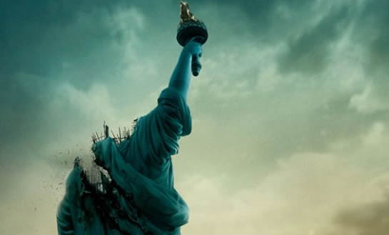 Detalhe do cartaz de Cloverfield: Monstro, com a Estátua da Liberdade destruída