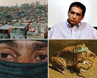 Cenas de Manda Bala, de Jason Kohn. No alto, à direita, o ex-senador Jader Barbalho