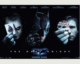 Batman, Harvey Dent e Coringa, o trio principal de Batman: O Cavaleiro das Trevas