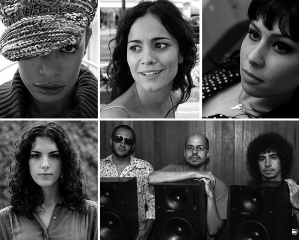 Em sentido horário, Thalma de Freitas, Alice Braga, Pitty, o trio Dengue, Rica Amabis e Pupillo, e a cantora Céu