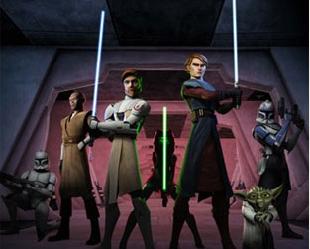 O elenco de Clone Wars: Guerra e mestres Jedi em animação