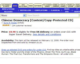 Página da amazon.co.uk que está pré-vendendo o CD novo dos Guns 'n Roses