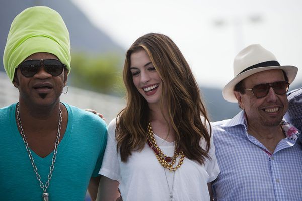Carlinhos Brown, Anne Hathaway e Sergio Mendes logo após a entrevista coletiva da nova animação de Carlos Saldanha, Rio