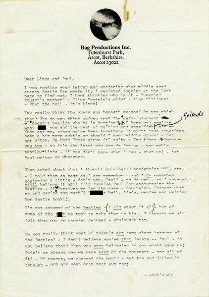 Carta de John Lennon a Paul McCartney será leiloada