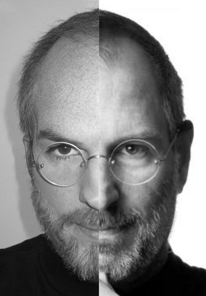 Montagem com foto de Ashton Kutcher e Steve Jobs