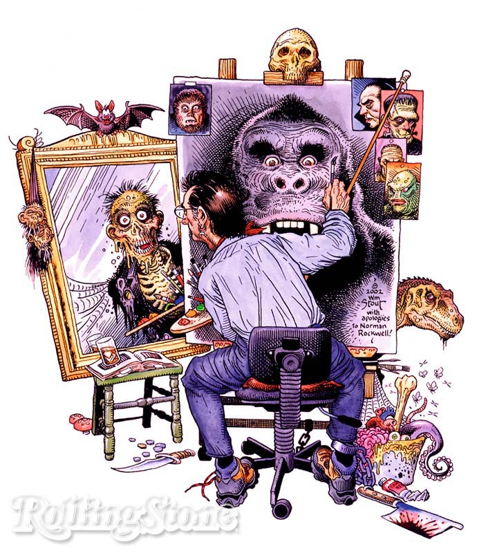 Autorretrato  William Stout por ele mesmo, cercado de suas criaturas favoritas: dinossauros, zumbis e os ilustres King Kong, Drácula e Frankenstein, satirizando uma ilustração de Norman Rockwell